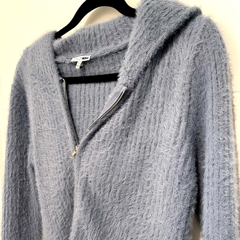 Fuzzy blue crop zip up cardigan sweater with hoodie